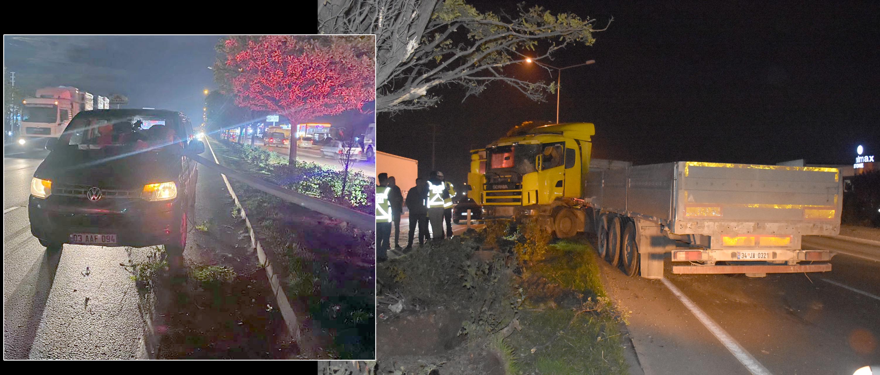 Tırın devirdiği aydınlatma direği minibüsün ön camından girdi